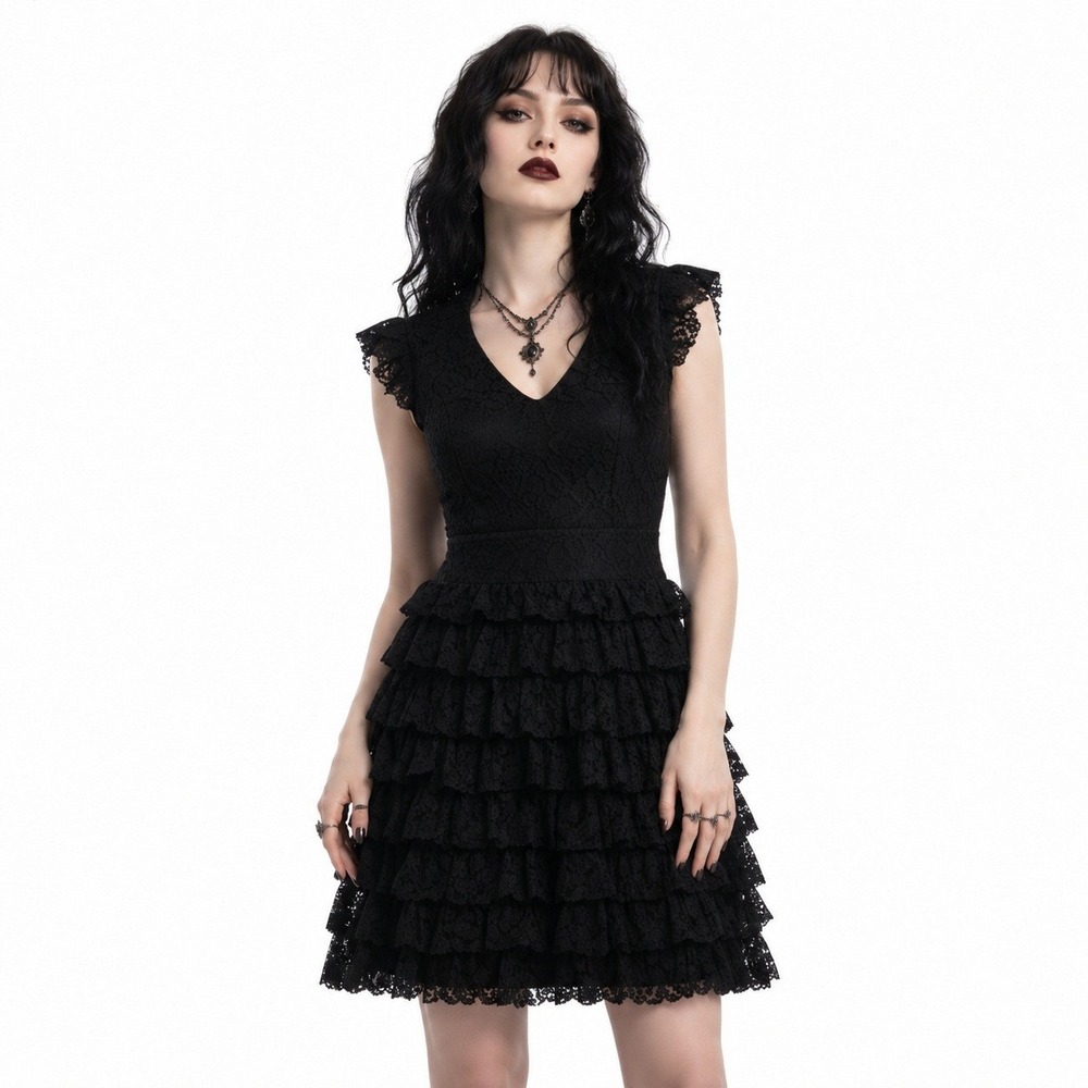 Guess Lace Tiered Ruffle Mini Dress Witchy Black V-Neck Whimsigoth Witchy Size S